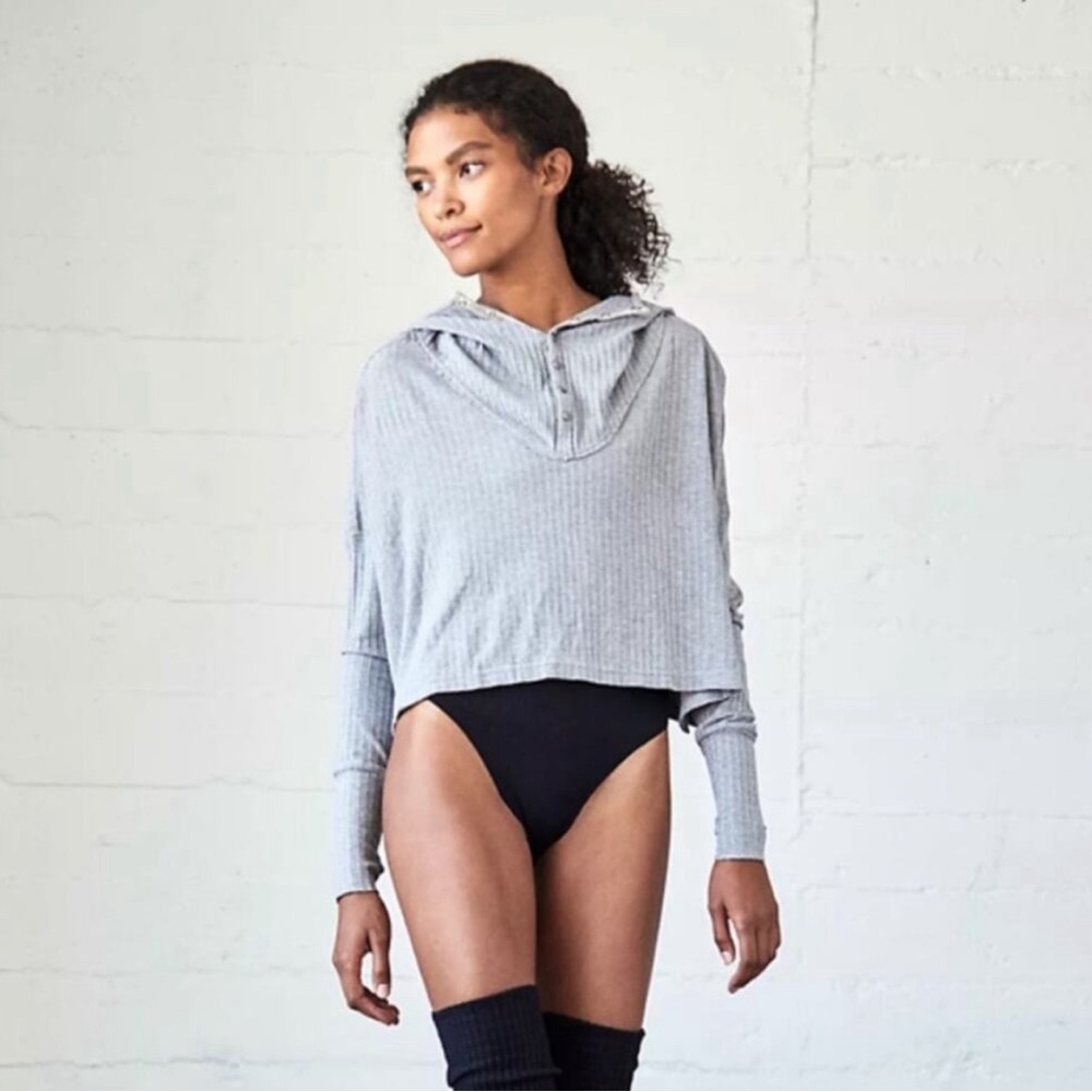 Free People Movement Blissed Out Ribbed Henley Hoodie in Gray.
